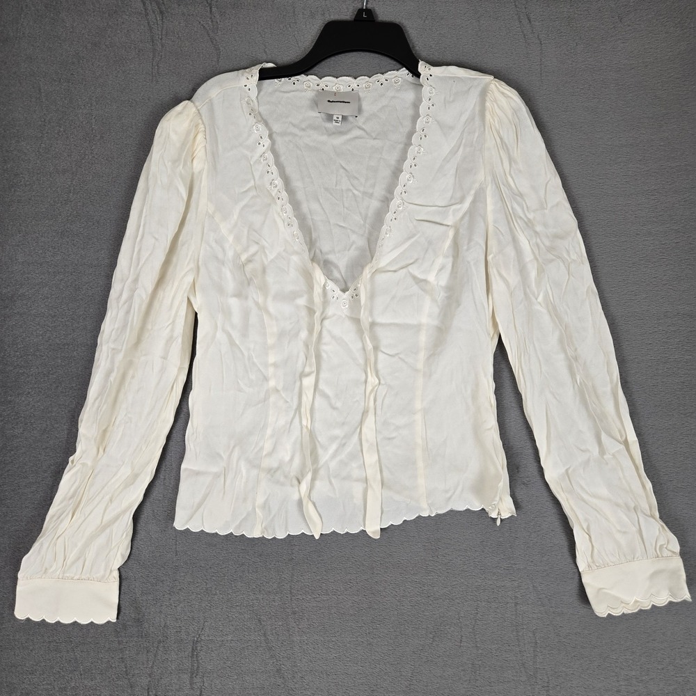 Reformation Top Womens 10 White V-Neck Lace Trim‎ Front Tie Blouse